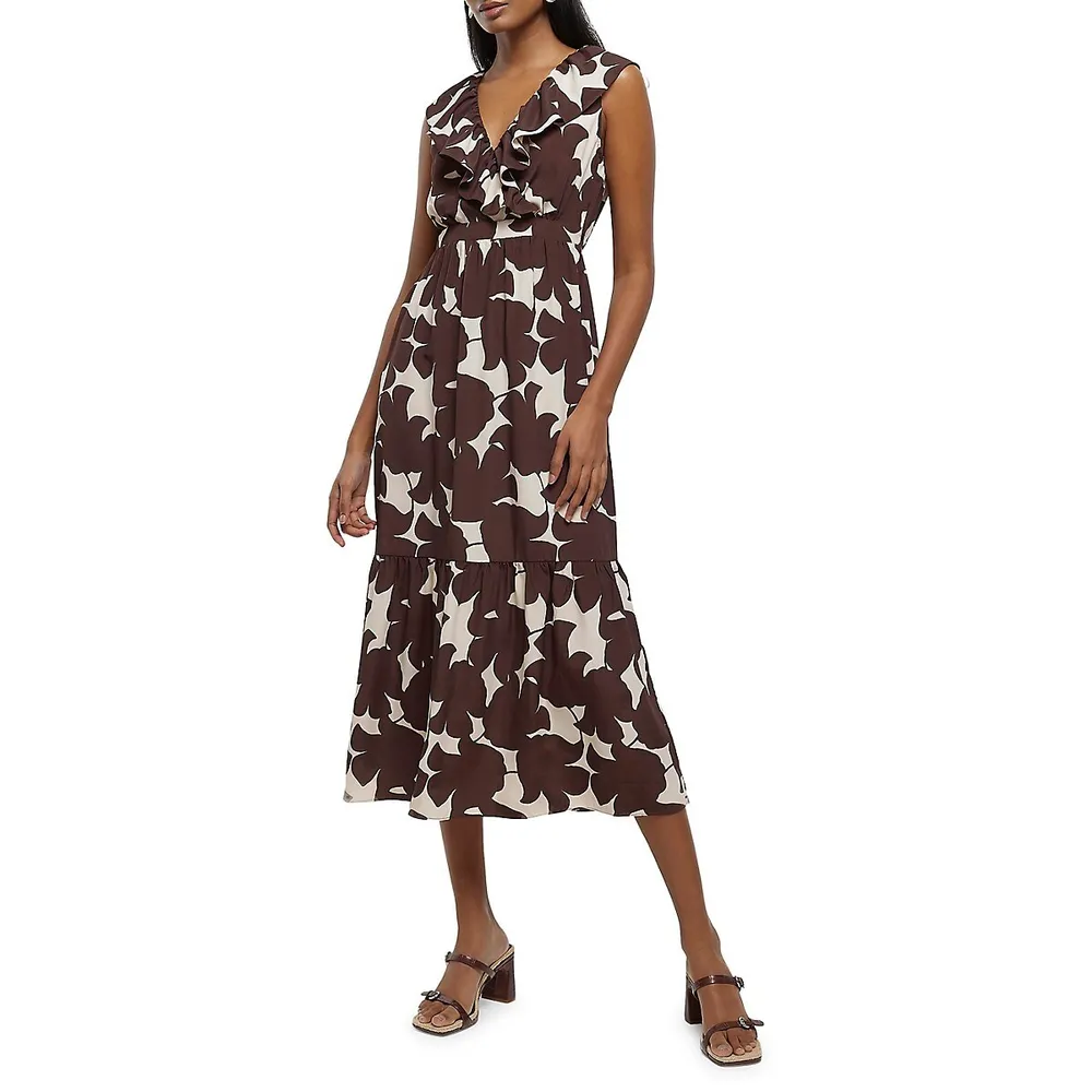 Printed Frill V-Neck Sleeveless Tea Dress