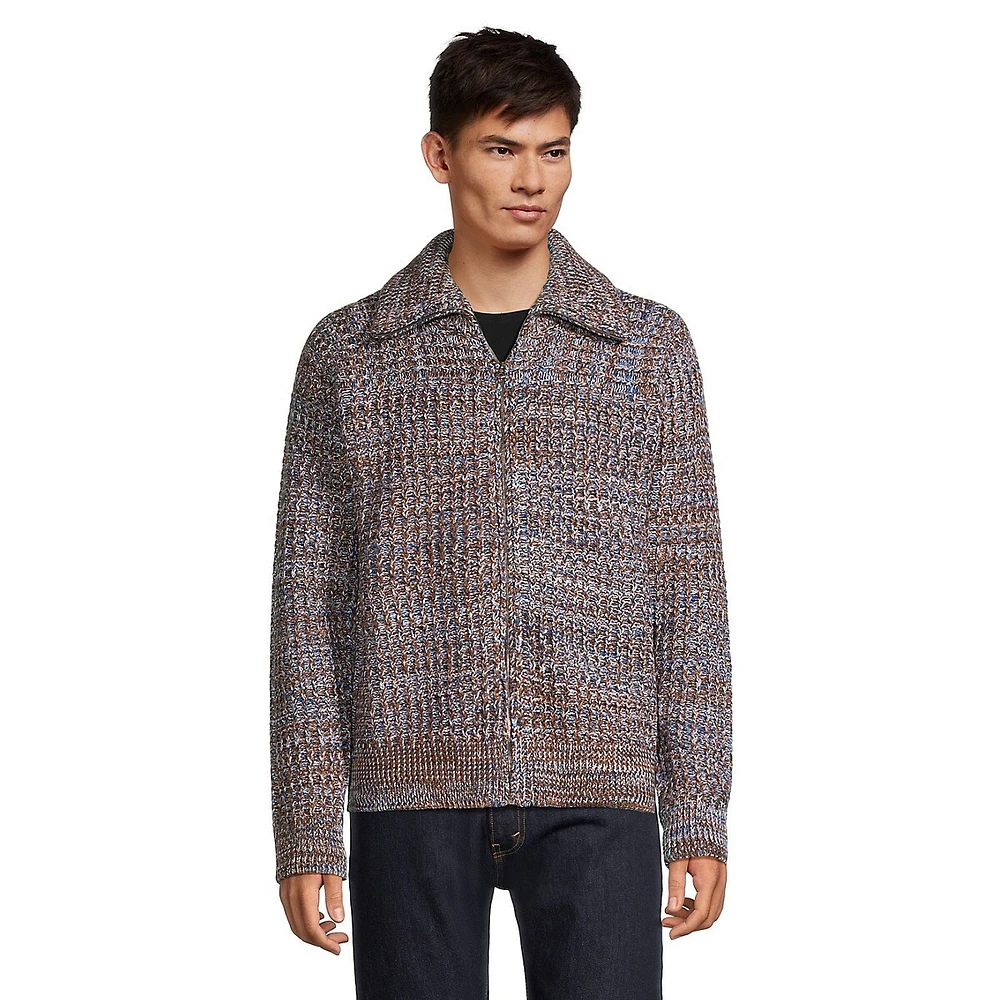 Tonal Wool-Cotton Turndown Zip Cardigan