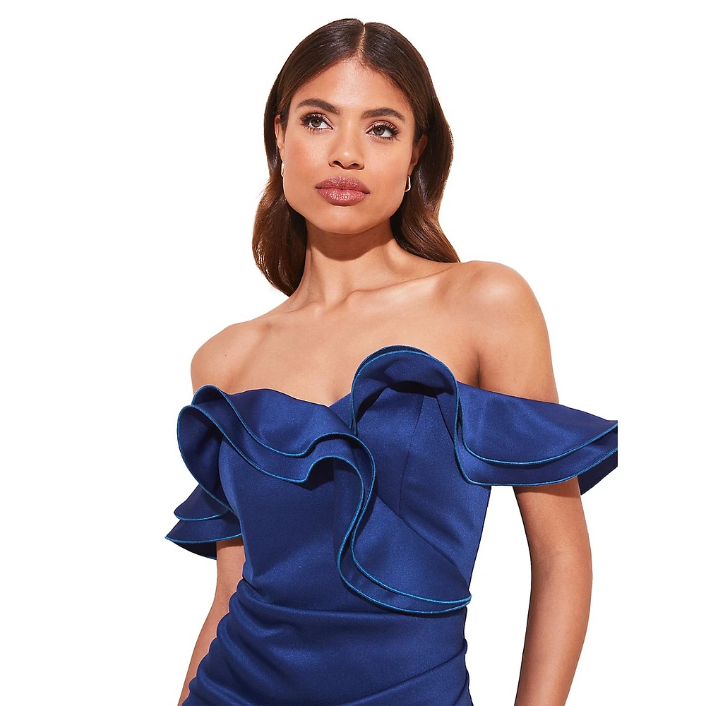 Off-The-Shoulder Ruffled Sheath Midi Dress