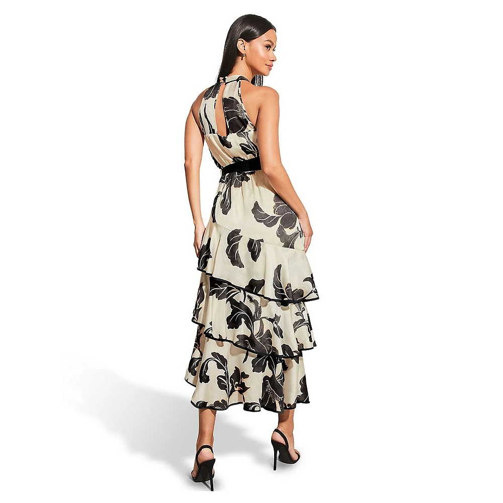 Belted Tiered Floral Halter Dress