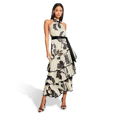 Belted Tiered Floral Halter Dress