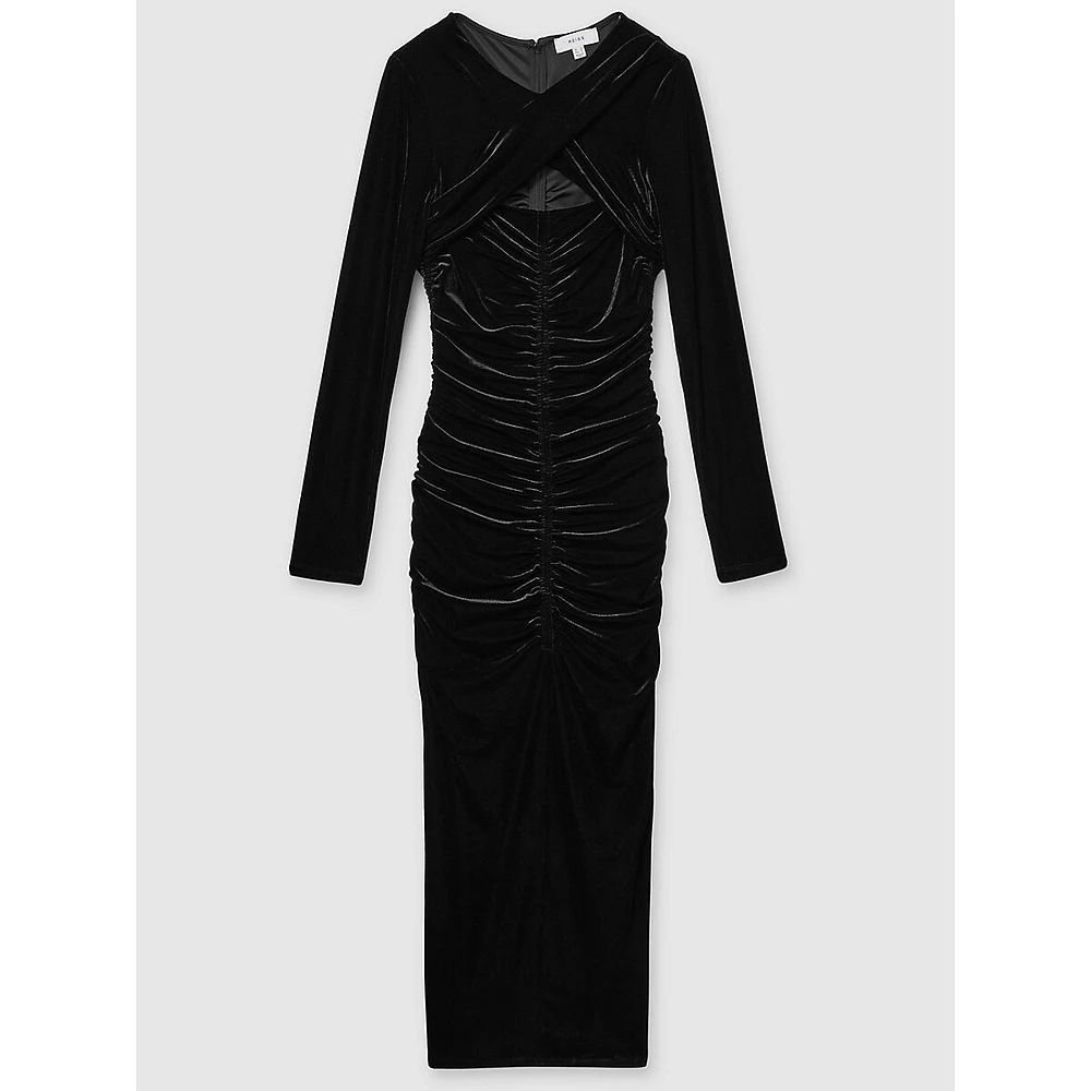 Sia Ruched Velvet Twist-Front Midi Dress