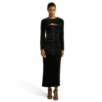 Sia Ruched Velvet Twist-Front Midi Dress