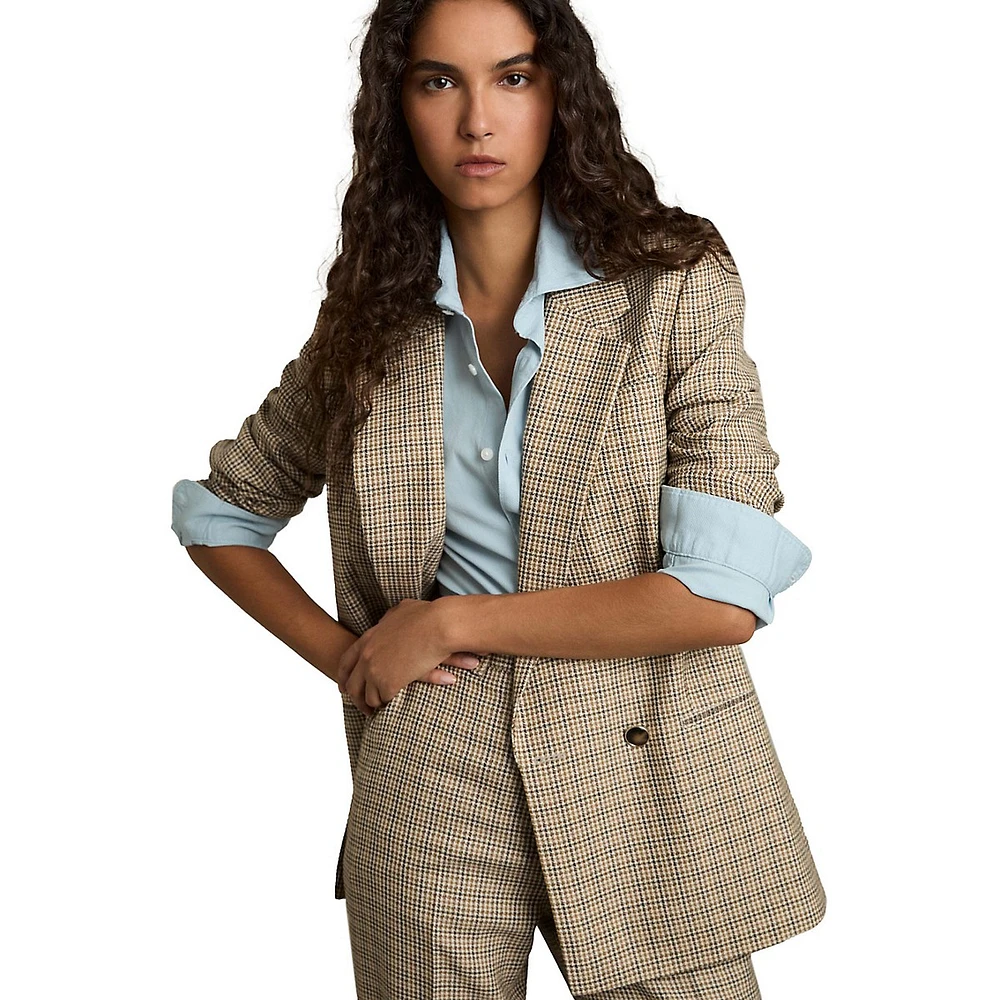 Vida Double-Breasted Houndstooth Check Wool Blazer