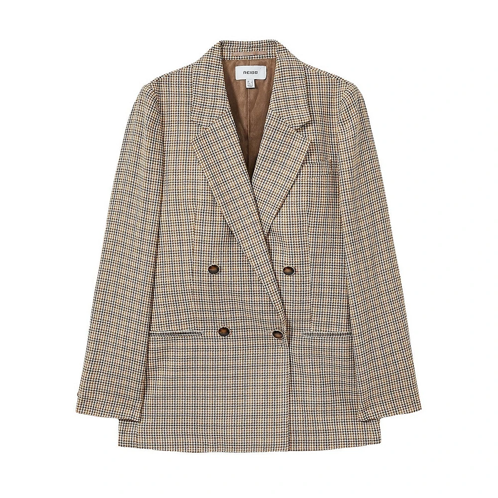 Vida Double-Breasted Houndstooth Check Wool Blazer