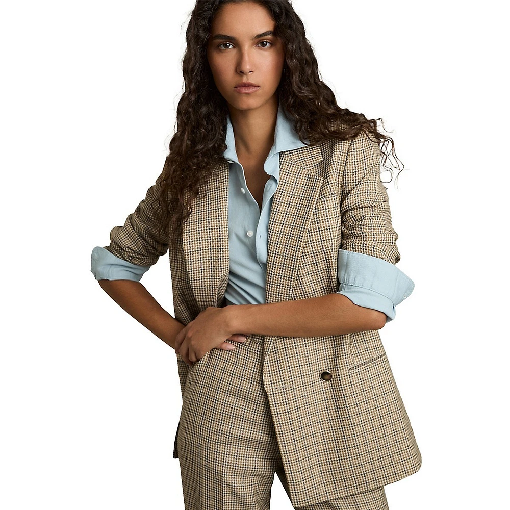 Vida Double-Breasted Houndstooth Check Wool Blazer