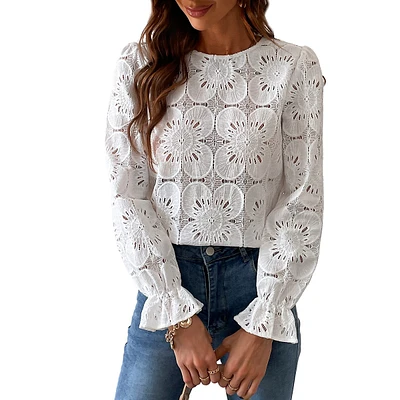 Women's Long Sleeve Embroidered Floral Eyelet Blouse Shirt