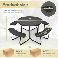 Outdoor 8-person Round Picnic Table Bench Set With 4 Benches & Umbrella Hole