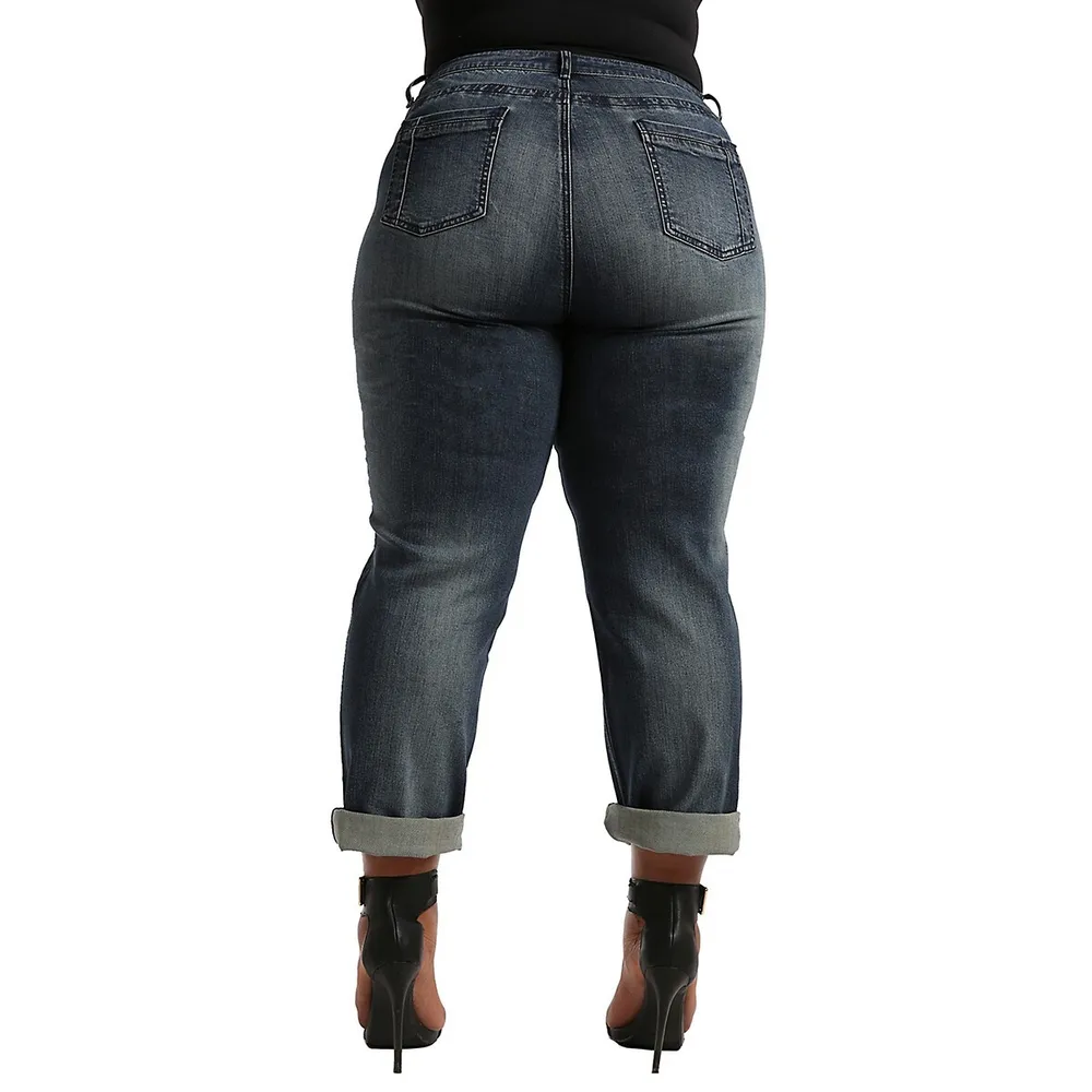 Plus Women's Curvy Fit Stretch Rolled Cuff Boyfriend Jeans
