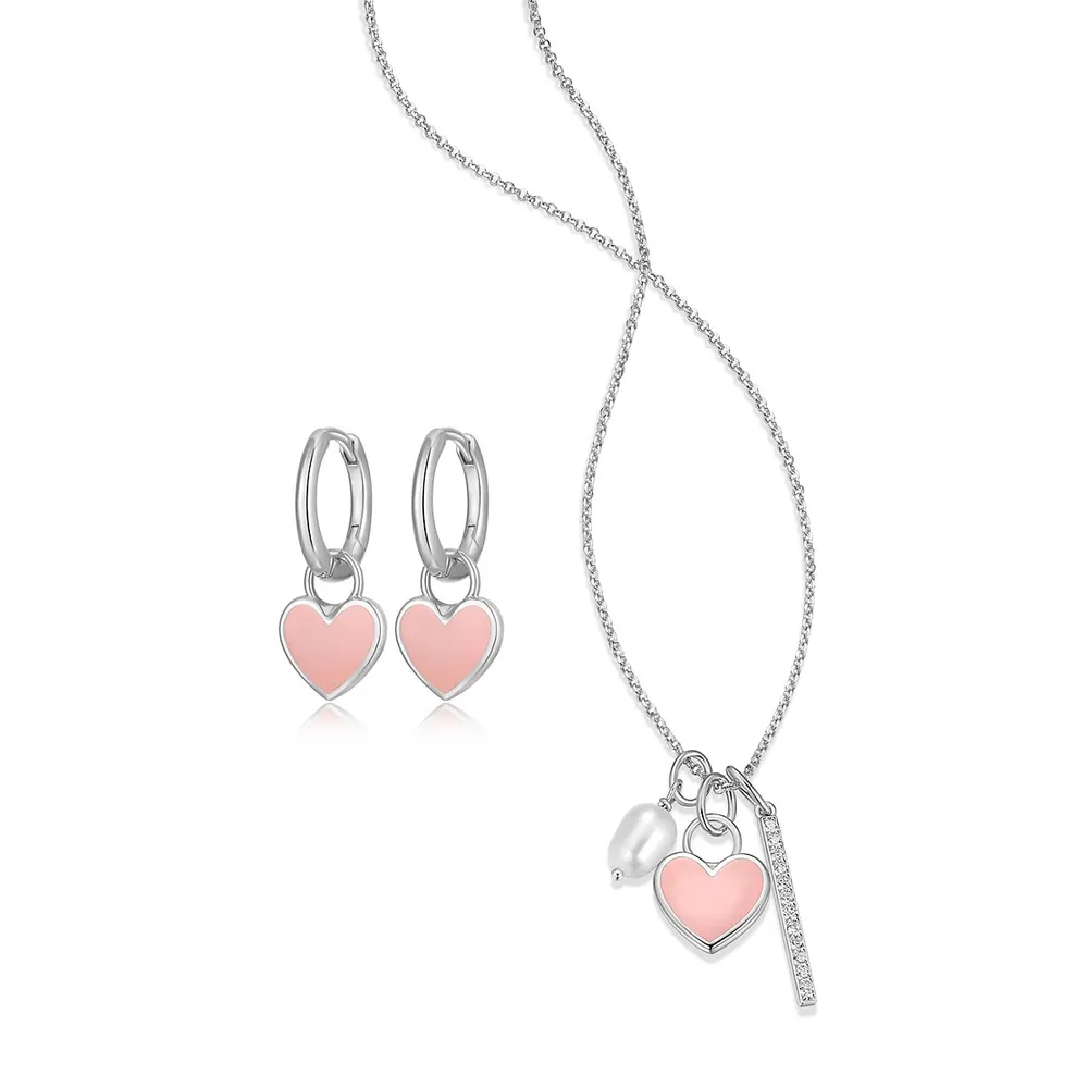 Reign Sterling Silver 3-in-1 Pink Enamel Heart Charm Huggie Earrings