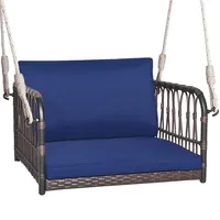 Porch Swing Chair Rattan Woven Hanging Bench Seat With Cushions Hooks Balcony Navy
