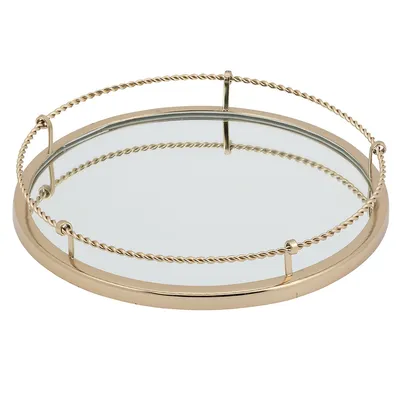 Round Mirrored Tray With Gold Plated Twisted Border