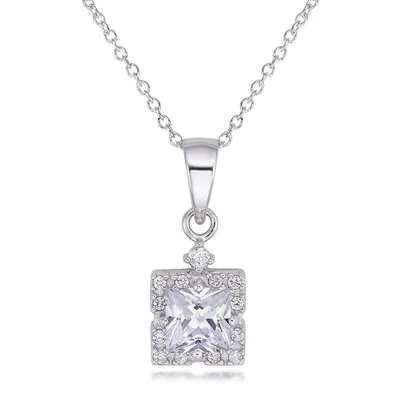 Sterling Silver 18" With Cz Centre Surrounded By 13 Rd Cz Euro Necklace 6x6mm