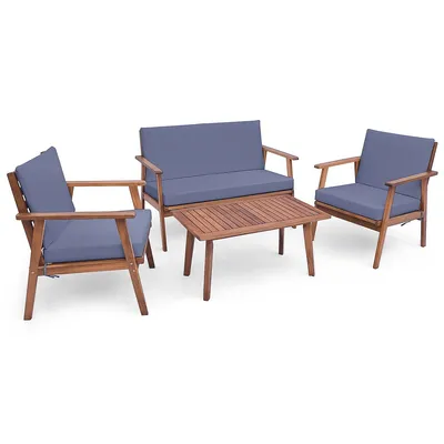 4 Pcs Patio Conversation Set Acacia Wood Sofa Coffee Table With Cushioned Seat