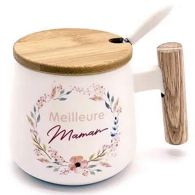 Ceramic Mug With Bamboo Lid “meilleure Maman”