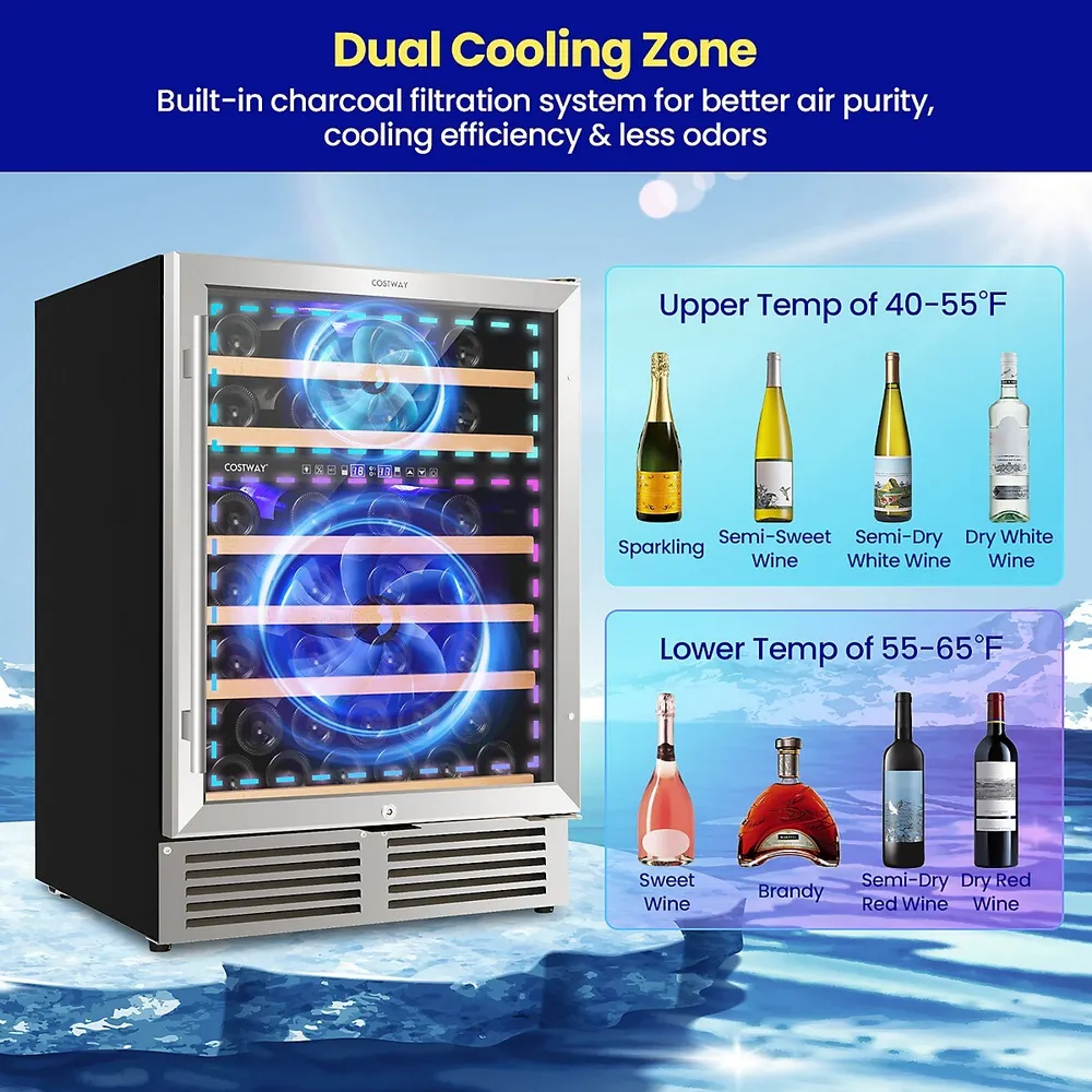 24 Inch Wine Cooler 51 Bottles Dual Zone Wine Refrigerator Built-in Freestanding