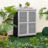 Outdoor Potting Bench Table, Garden Storage Cabinet With Metal Tabletop