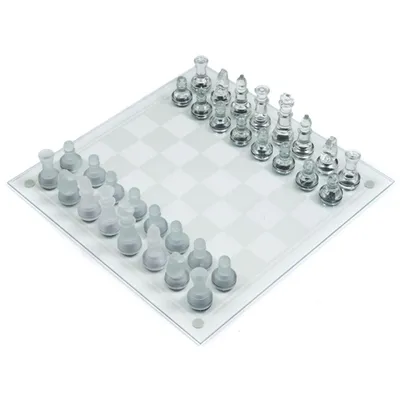 glass chess set with wooden case