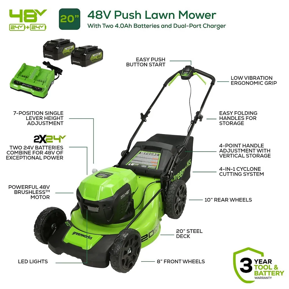 Greenworks 48V (2 x 24V) 20 Brushless Push Mower, (2) 4Ah USB Batteries  and 4A Dual Port Charger