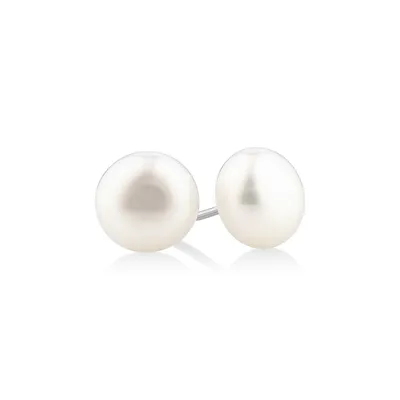Stud Earrings With 9mm Button Cultured Freshwater Pearls In Sterling Silver