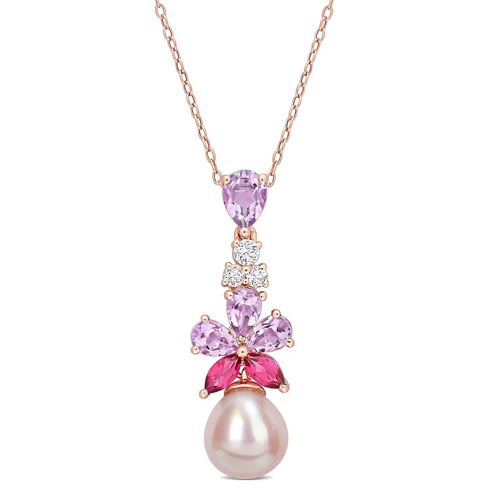 Pink Cultured Pearl Rose De France And White And Pink Topaz Floral Drop Necklace In 18k Rose Gold Plated Silver