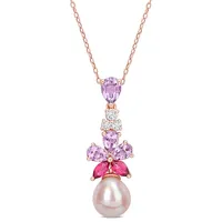 Pink Cultured Pearl Rose De France And White And Pink Topaz Floral Drop Necklace In 18k Rose Gold Plated Silver