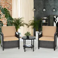 3pcs Patio Rattan Furniture Set Cushioned Sofa Storage Table W/ Shelf Garden