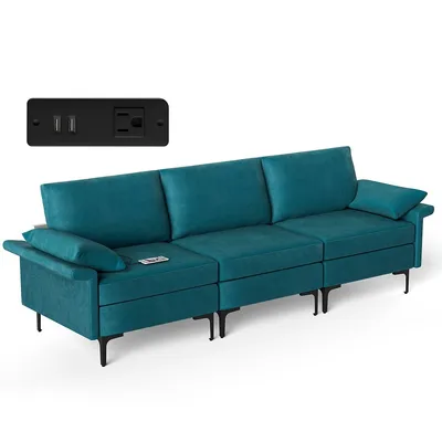 Modern Modular Fabric 3-seat Sofa Couch W/ Socket Usb Ports & Metal Legs