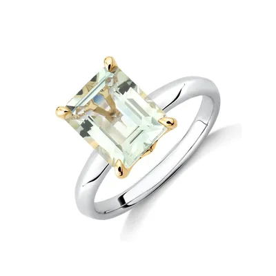 Ring With Green Amethyst In Sterling Silver & 10kt Yellow Gold