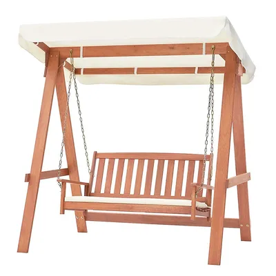 Wood Porch Swing With Canopy Outdoor Patio 2-seat Swing Bench With Cushions Backyard