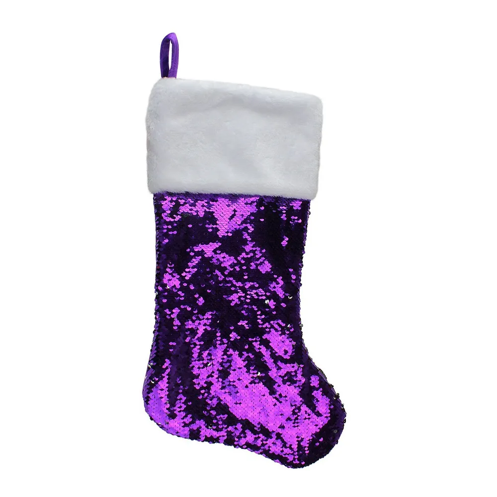 Northlight 23 Purple And Silver Reversible Sequined Christmas Stocking  With Faux Fur Cuff