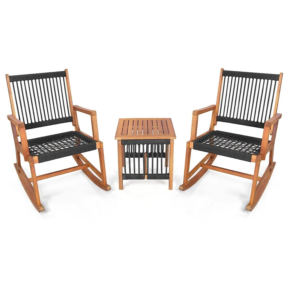 Costway 3pcs Patio Acacia Wood Bistro Table Rocking Chair Set All