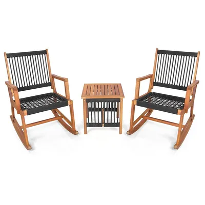 3pcs Patio Acacia Wood Bistro Table Rocking Chair Set All-weather Rope Outdoor