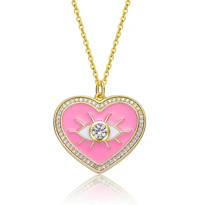 Teens 14k Yellow Gold Plated With Clear Cubic Zirconia Pink Enamel Heart Pendant