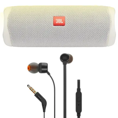 Jbl Flip 5 Waterproof Bluetooth Speaker White Steel + Jbl T110 In Ear Headphones