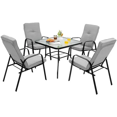 Patiojoy 5pcs Patio Dining Set 4 Stackable chairs cushioned Square Glass Table