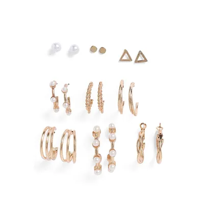 Set Of 9 Gold-plated Contemporary Stud Hoop Earrings