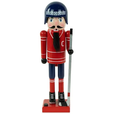 14" Blue And Red Wooden Christmas Ice Hockey Player Nutcracker