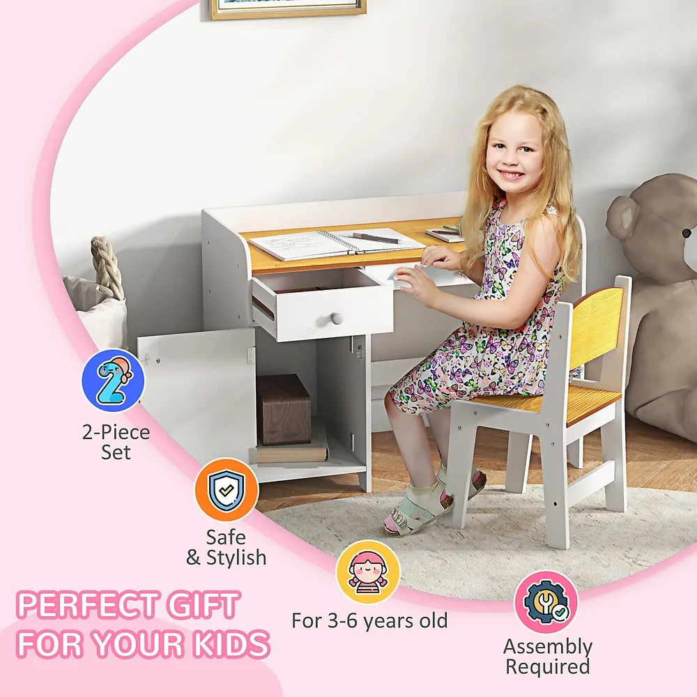 Kids Desk And Chair Set For 3-6 Year Old With Storage, White
