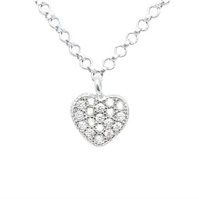 Sterling Silver 925 Small Heart Pendant Necklace With Cubic Zirconia On Rolo Chain 15" Italy