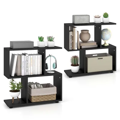 2 Pcs 2-tier Bookshelf Free Standing Wooden Display S-shaped Shelf Storage Rack