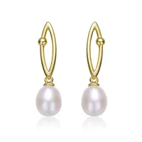 Sterling Silver 14k Yellow Gold Plated With Freshwater Pearl & Cubic Zirconia Oblong Marquise Drop Earrings