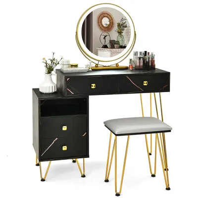 Vanity Table Stool Set Dimmer Led Mirror Large Storage Cabinet Drawer Walnut Blackbrownwhite