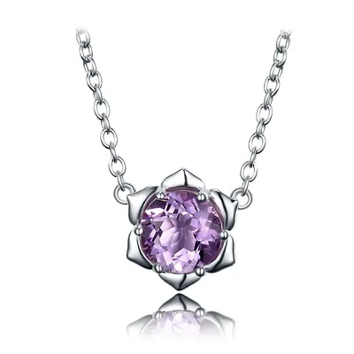 1.7 Ct Round Purple Amethyst Floral Necklace 0.925 White Sterling Silver