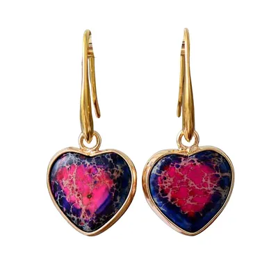 Two Tone Purple Pink Jasper Stone Heart Drop Earrings