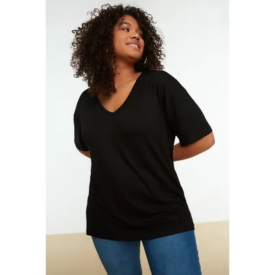 Women Plus Regular Fit Basic V Neck Woven T-shirt