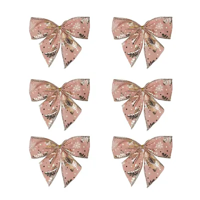 Pack Of 6 Pink And Gold Snowflakes 2 Loop Christmas Bow Decorations 5.5"