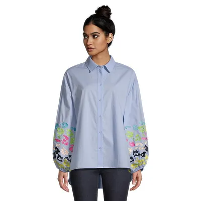 Driven Floral-Sleeve High-Low Shirt