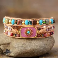 Pink Rhodonite Jasper Sun Multi Colored Beaded Wrap Bracelet