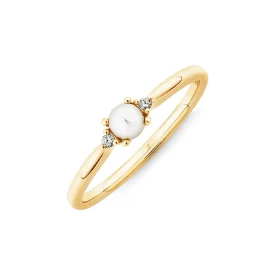 3 Stone Ring With Cultured Freshwater Pearl & Diamonds In 10kt Yellow Gold